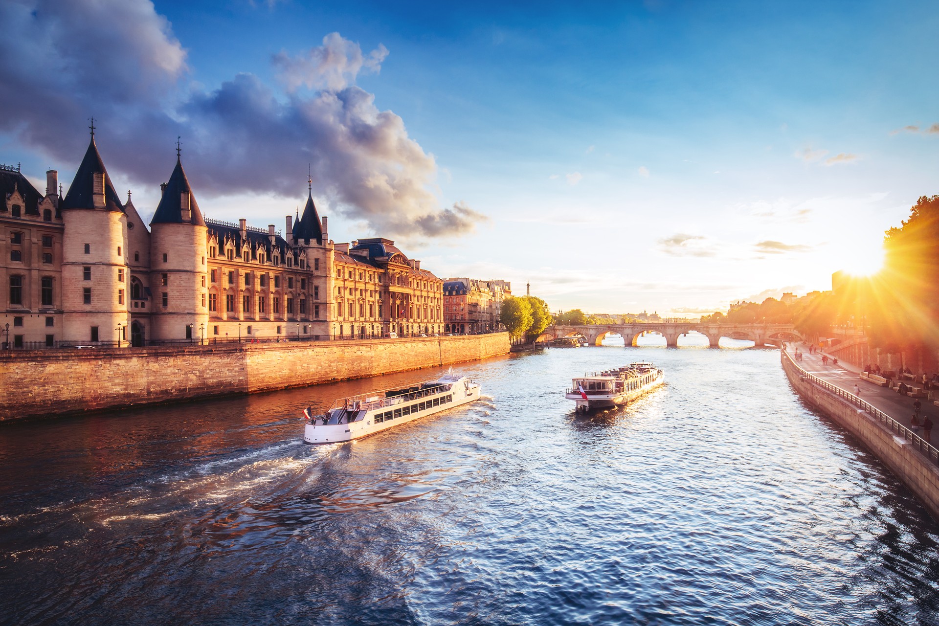Take calming cruise on river Seine in France during April. Sunset over river Seine in France in April.