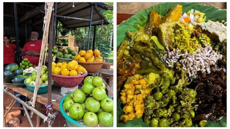 Mangoes in fruit stalls and traditional Sri Lankan meal on banana leaf