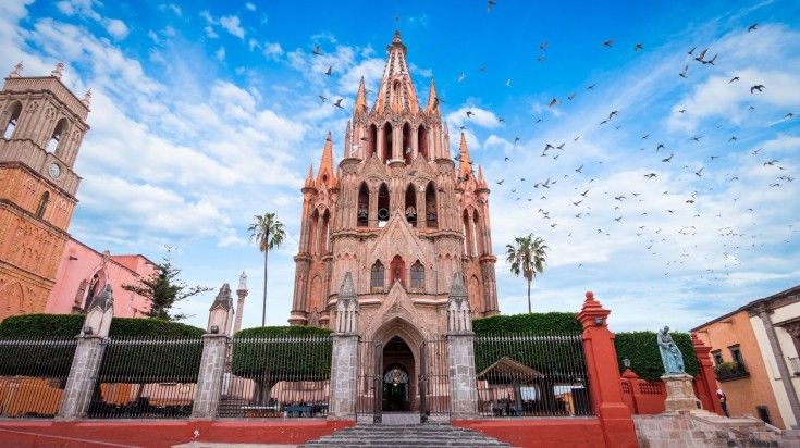 The front view of San Miguel de Allende on a clear day in Mexico. The front view of San Miguel de Allende on a clear day in Mexico.