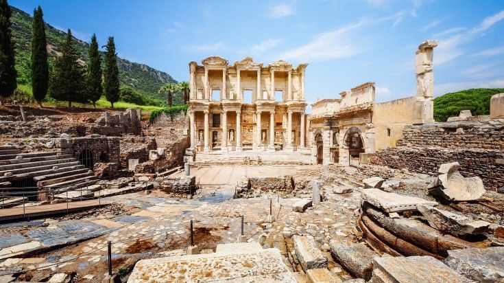 A view of the ruins of Celsus Library built during the Roman era in Ephesus, Turkey. A view of the ruins of Celsus Library built during the Roman era in Ephesus, Turkey.