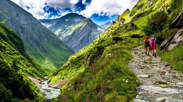 Tourists hiking in Austria, surrounded by greenery and beautiful landscape.