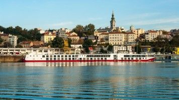 A cruise boat on Danube river next to Belgrade city in Serbia