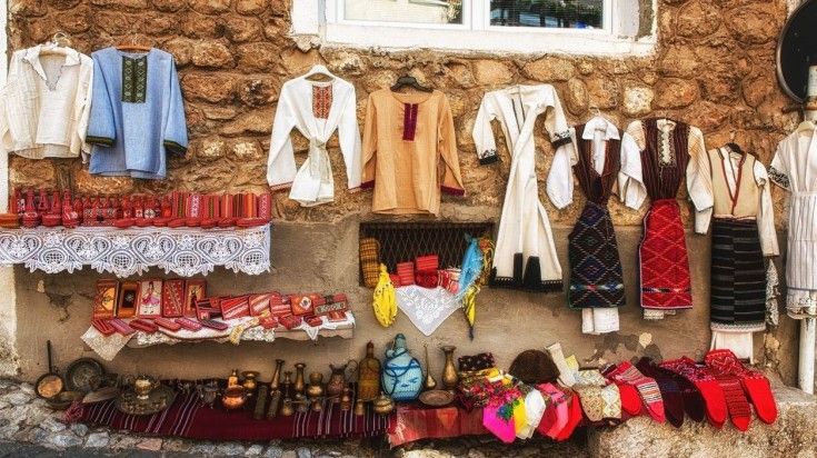 A street shop in Macedonia selling cultural dress.