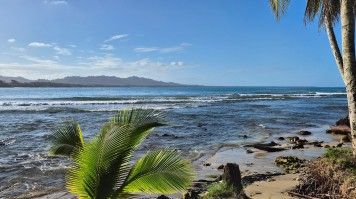 A blue Caribbean sea with a beach lined by palm trees & islands in horizon