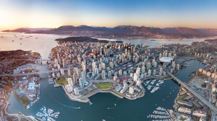 View of Vancover city shot from drone during dusk in Canada in February.