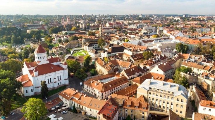 An aerial view of Vilnius Old Town, Lithuania.