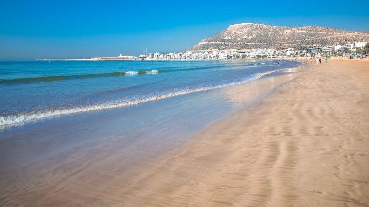 Agadir Beach on the Atlantic Coast on a clear day in Morocco.