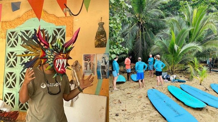 A collage of images showing a guide on a trip interacting with travelers