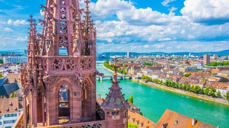 A close-up view of Munster church at Basel on a sunny day.
