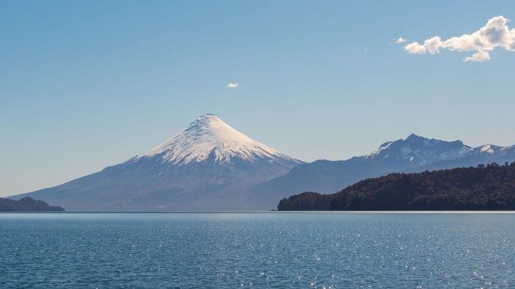 The view of Osorno Volcano in Puerto Montt on a clear day in Patagonia.
