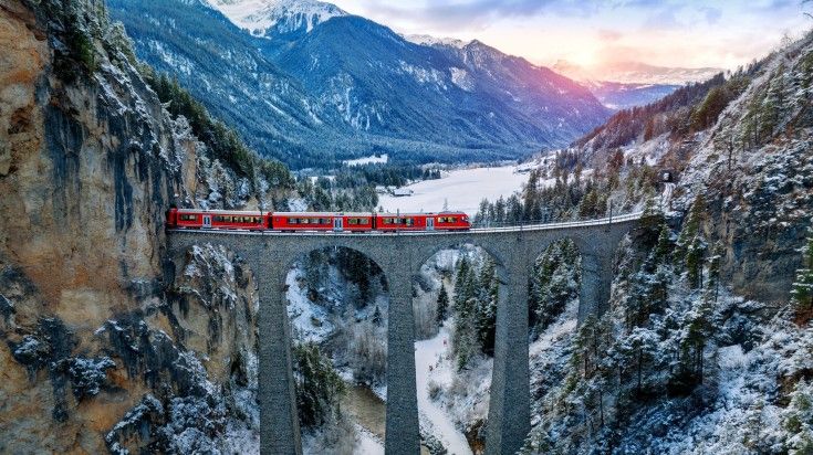 A train on a bridge in Filisur in Switzerland.