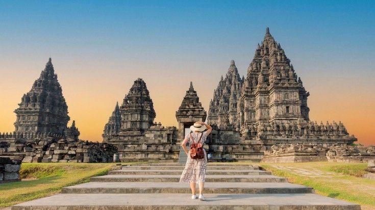 A woman visiting the Prambanan temple at Yogyakarta.