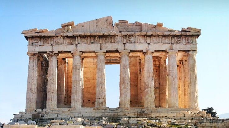 The front view of Acropolis in Athens on a clear sunny day.