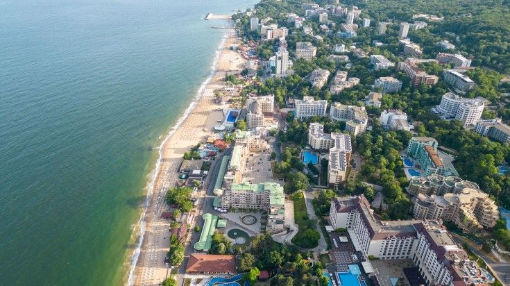Aerial top view of the beach and hotels in Golden Sands.