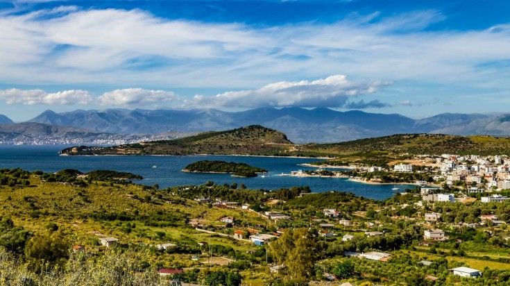 View of Saranda with Ksamil beach and island in the Ionian Sea in Albania