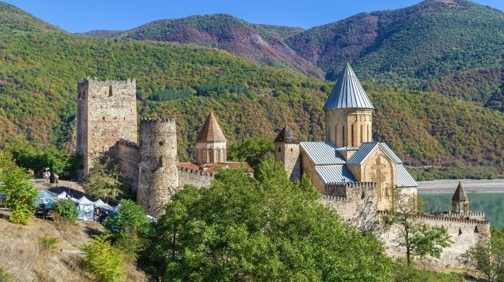 The view of Ananuri fortress on a clear day in Georgia. The view of Ananuri fortress on a clear day in Georgia.