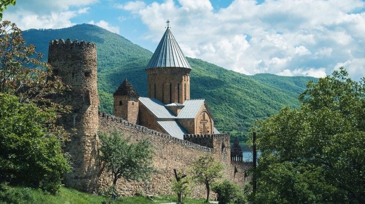 Ananuri fortress complex with medieval orthodox church in Georgia.