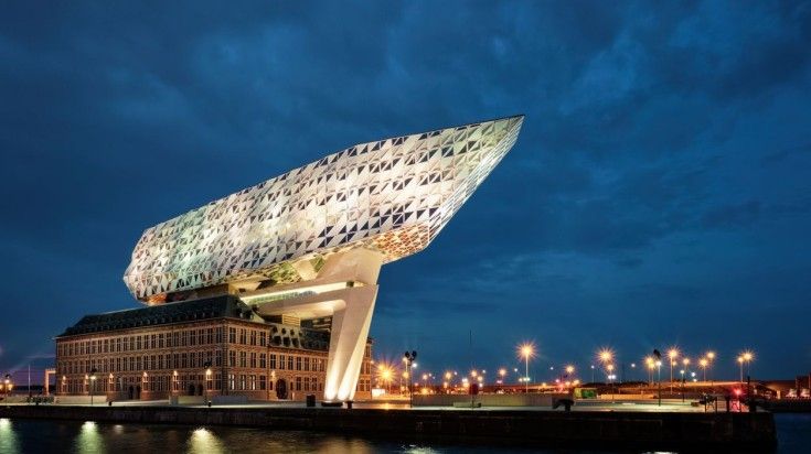 Antwerp port administration headquarters at night. Antwerp port administration headquarters at night.