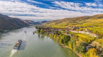 A ship on the Danube River next to Duernstein village in Austria in August