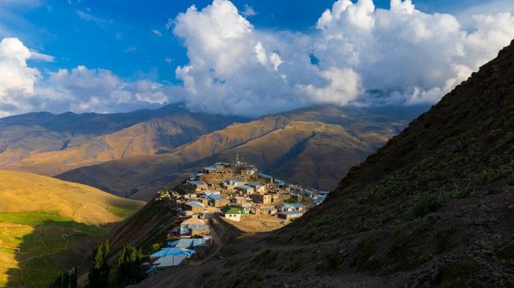 Perched on a plateau 2,180 metres above sea level, Khinaliq is known for its hiking trails and homestays. Khinalig village surrounded by alpine hills during hiking in Azerbaijan