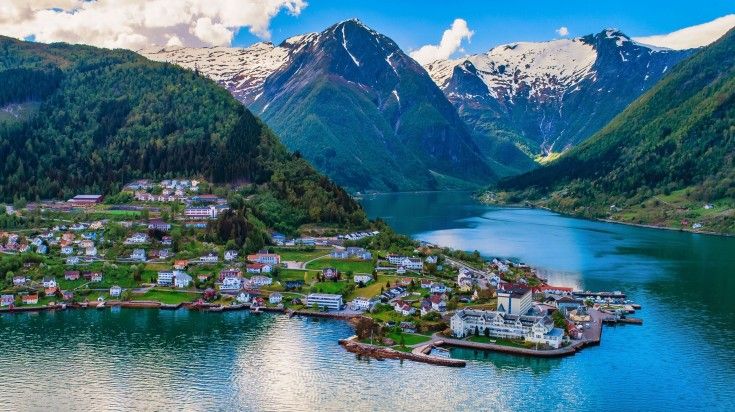 Panoramic view of Balestrand in Norway on a clear day.