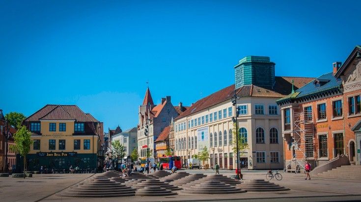 Waterfront and Rensburggade in Aalborg on a clear day in Denmark.