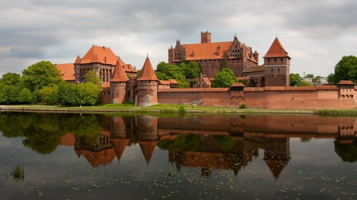 The view of Malbork Castle on a cloudy day in Poland.