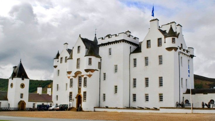 The close view of Blair Castle on a cloudy day in Scotland.