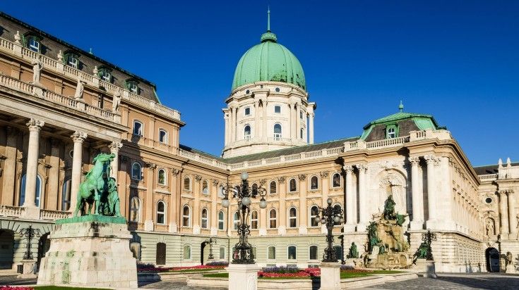 The view of Buda Castle on a clear day in Budapest.