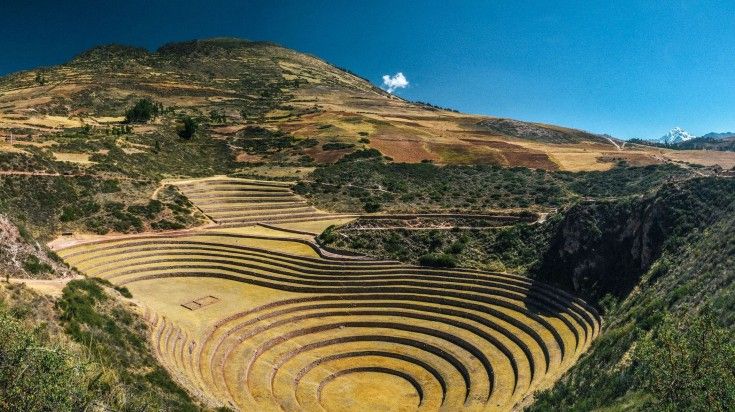 The view of Moray agricultural terraces on a clear day in Cusco. The view of Moray agricultural terraces on a clear day in
