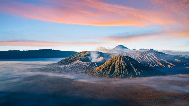 Aerial view of Bromo-Tengger-Semeru National Park on a summer morning. Aerial view of Bromo-Tengger-Semeru National Park on a summer morning.