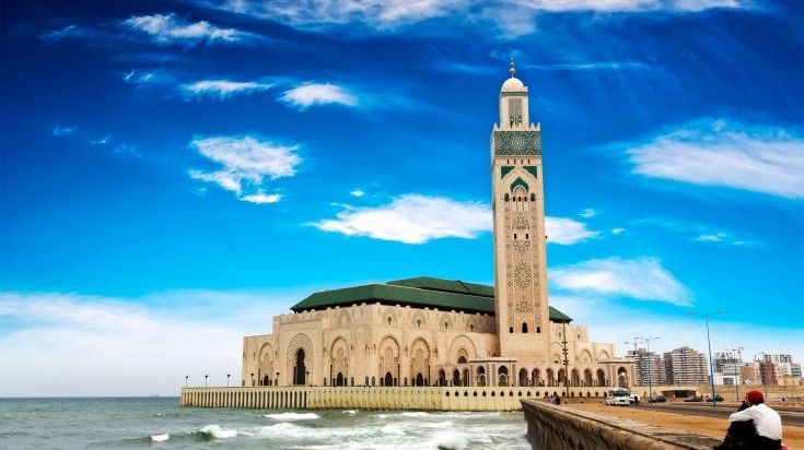 The Hassan II Mosque on a clear day in Casablanca. The Hassan II Mosque on a clear day in Casablanca.