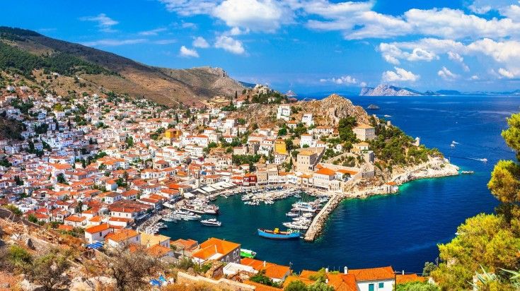 Panoramic view of Hydra Island on a clear day in Greece. Panoramic view of Hydra Island on a clear day in Greece.