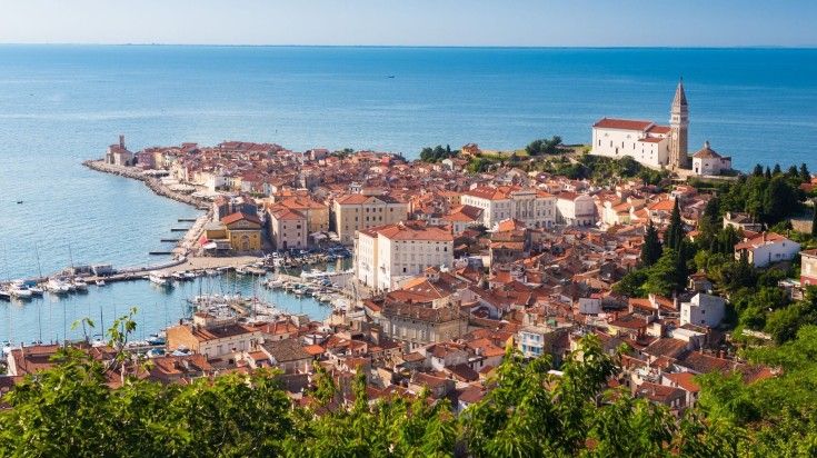 Picturesque view of the old town in Piran on a clear day.