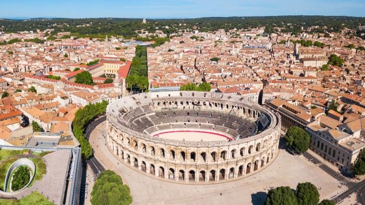 A panoramic view of Nimes Arena in the Occitanie region of France. A panoramic view of Nimes Arena in the Occitanie region of France.