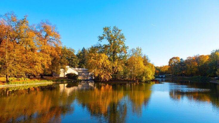 The view of Łazienki Park during autumn in Warsaw in Poland.