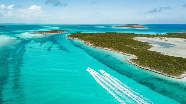 Aerial view of Exuma on a clear summer day in Bahamas.