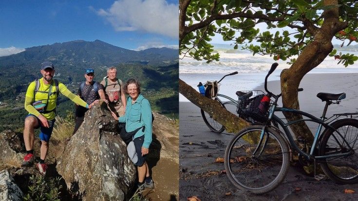 Two photographs of Mircea on a hike and two cycles parked on the beach