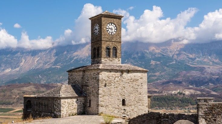 A clock tower and fortress in Gjirokaster.