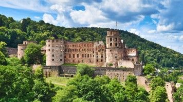 Ruins of Heidelberg Castle with towers in Heidelberg, Germany.