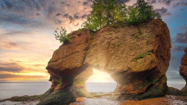 Colorful sky at Hopewell Rocks Provincial Park in Canada.