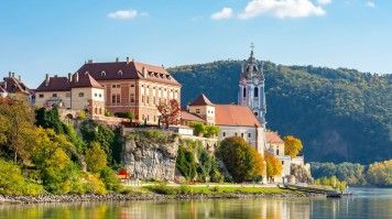 Durnstein town in Wachau valley during autumn in Austria.