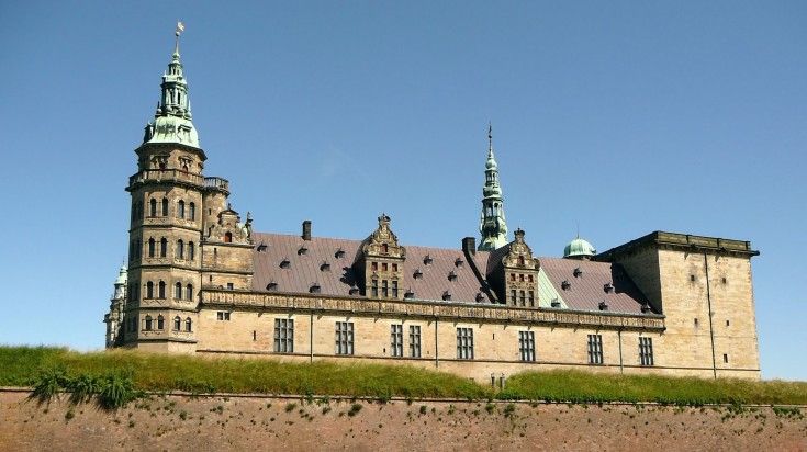 The front view of Kronborg Castle with clear blue sky in the background.
