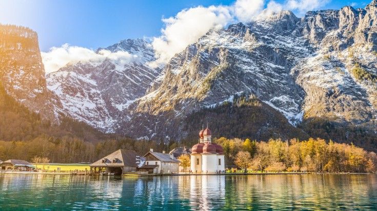 St. Bartholomew's Church by Königssee Lake near the Bavarian Alps.