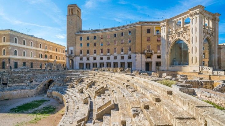 Roman Amphitheatre in Lecce on a clear day in Southern Italy.
