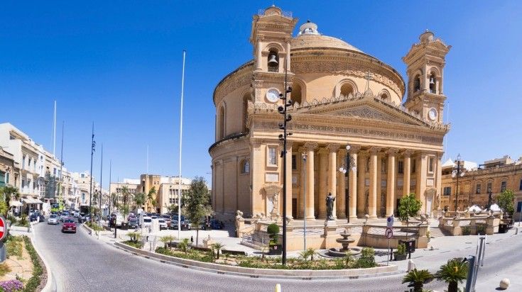 Built in the 17th century, the round church building in Mosta is known for having the third largest unsupported dome. A panoramic view of Rotunda of Mosta in Malta