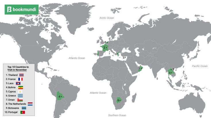 Map of top countries to visit in November.