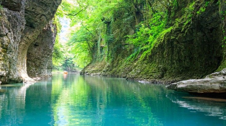Martvili canyon in the river Abasha during spring.