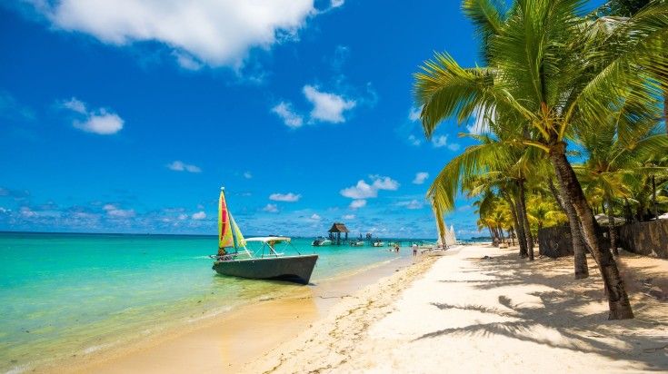 Tropical exotic beach with palm trees and boat on a sunny day in Mauritius.