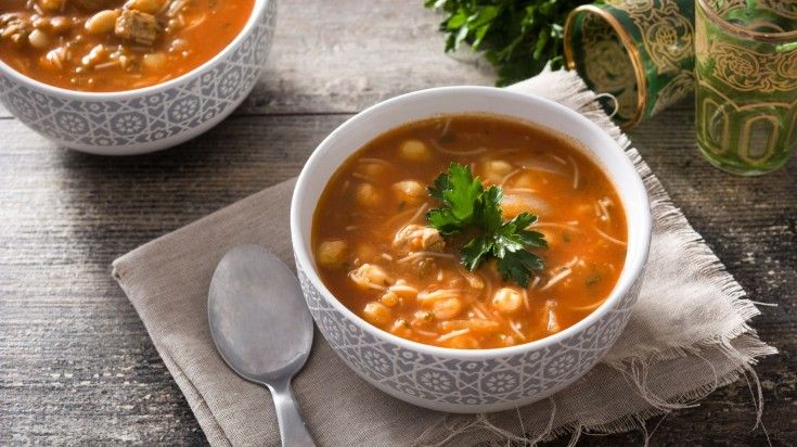 Harira soup on a table, a typical Moroccoan dish.